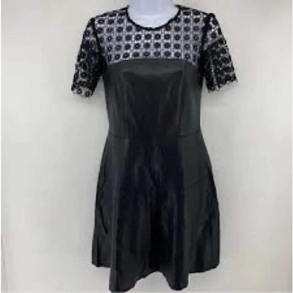 Zara Black Faux Leather & Eyelet Lace Short Sleeve Mini Dress. Size XS.